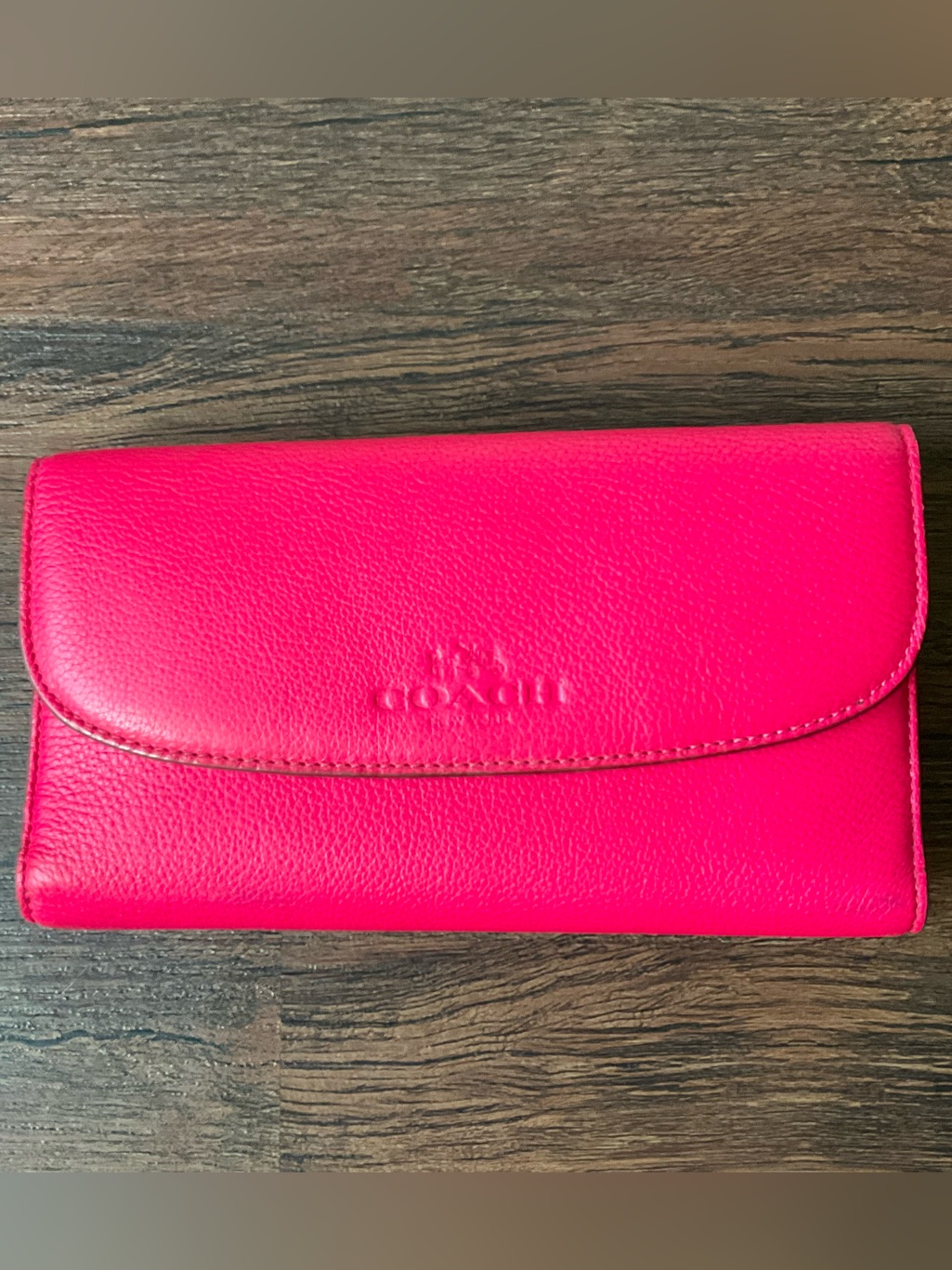 Coach Hot Pink Leather Trifold Wallet Checkbook Card Holder Embossed Logo